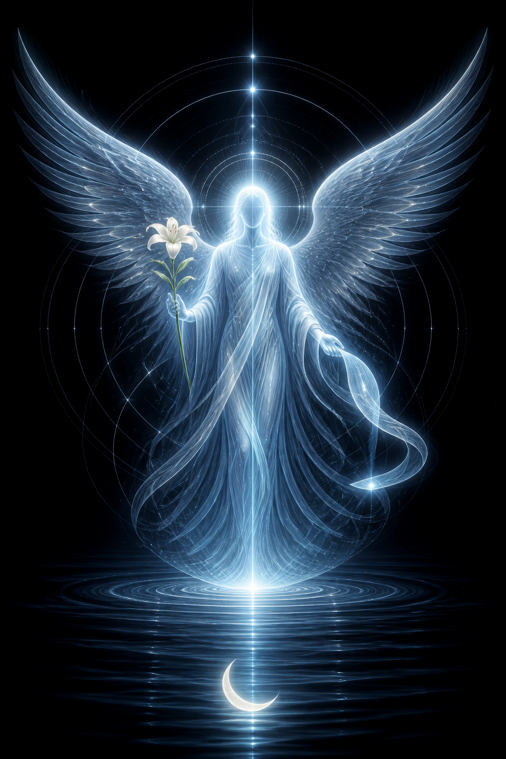 Archangel Gabriel in sky-blue and silver-white light with a white lily, a ribbon of message-light, the Moon and reflecting water in the ZOMYO style