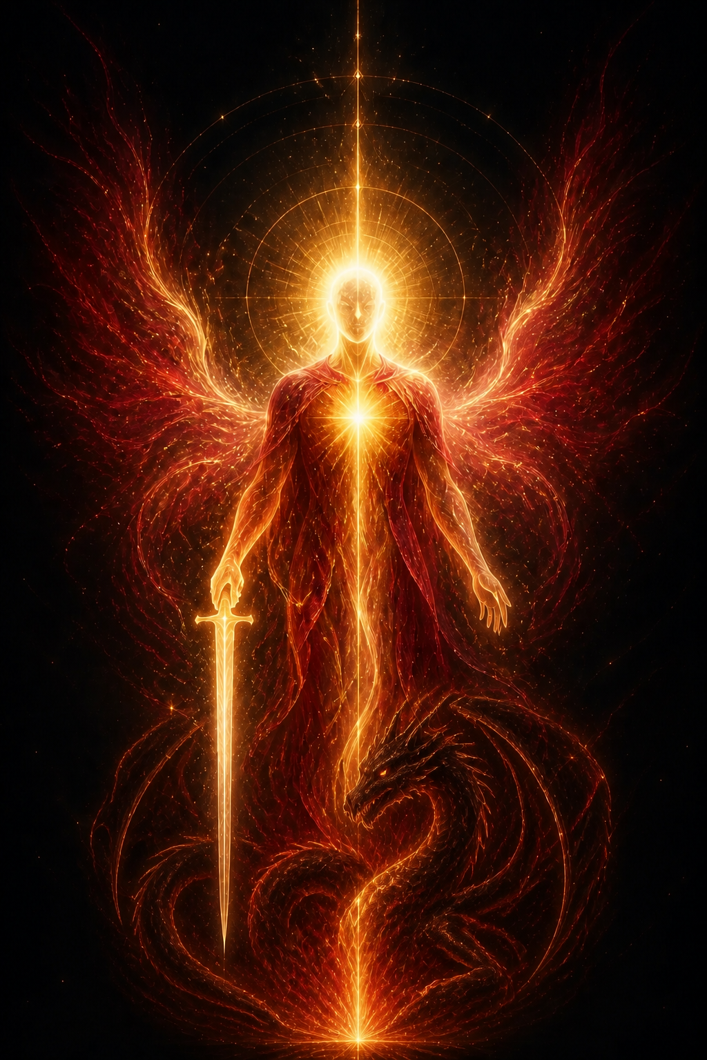 Archangel Michael in red and golden light with a sword and dragon motif in the ZOMYO style
